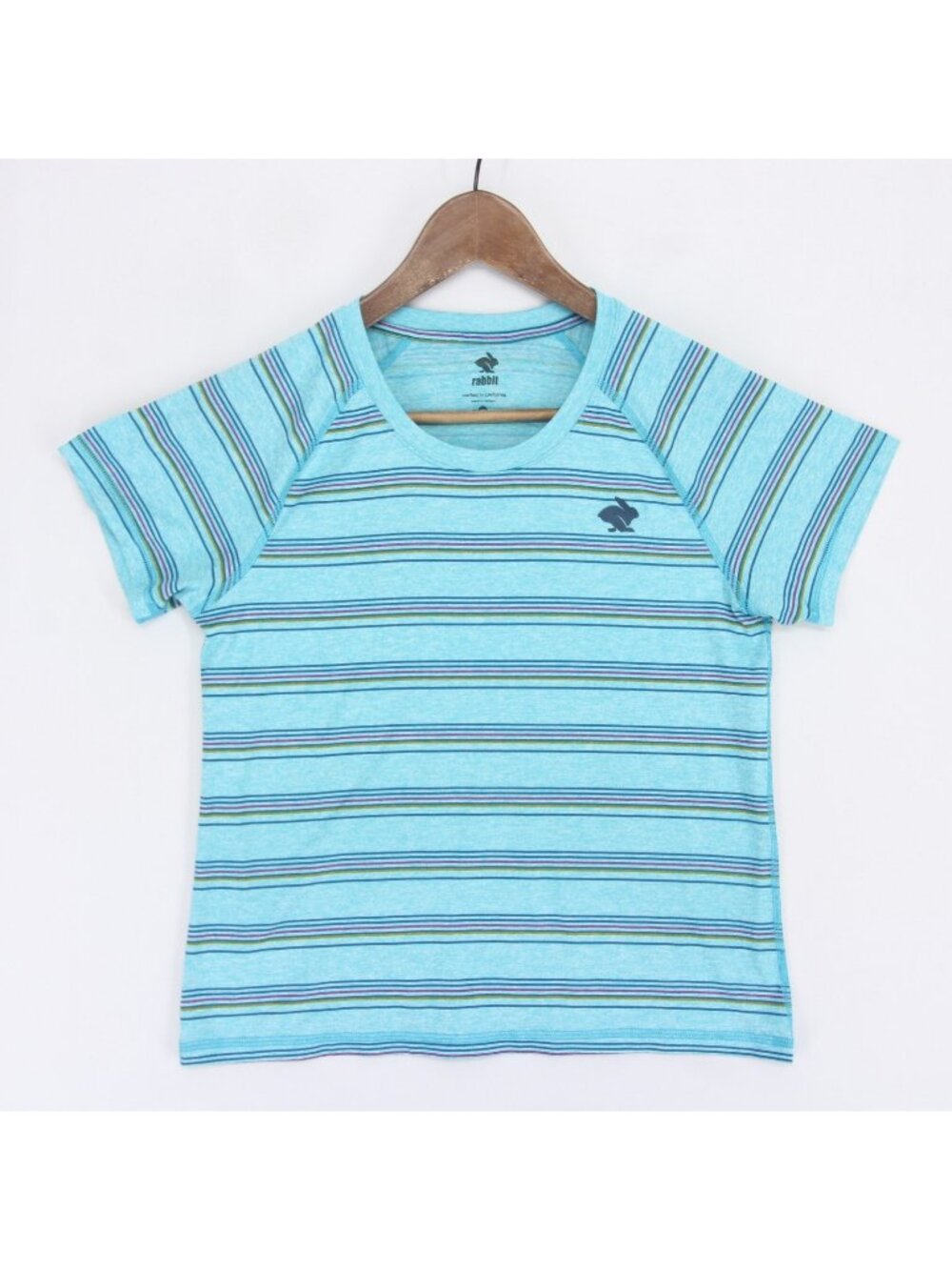 Rabbit EZ Tee T Shirt Womens SM Blue Striped Running Athletic Short Sleeve